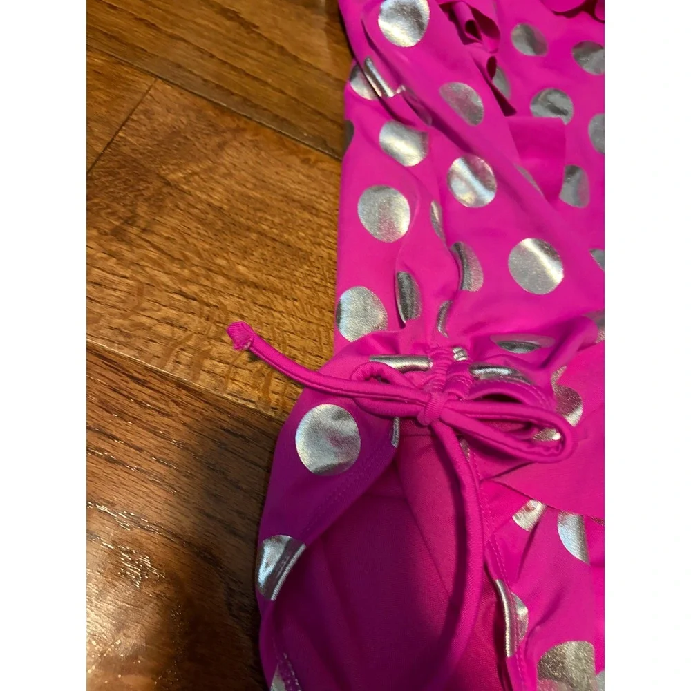 Justice One Piece Swimsuit Kids Size 14 Pink Silver Metallic Polka Dot Ruffle‎